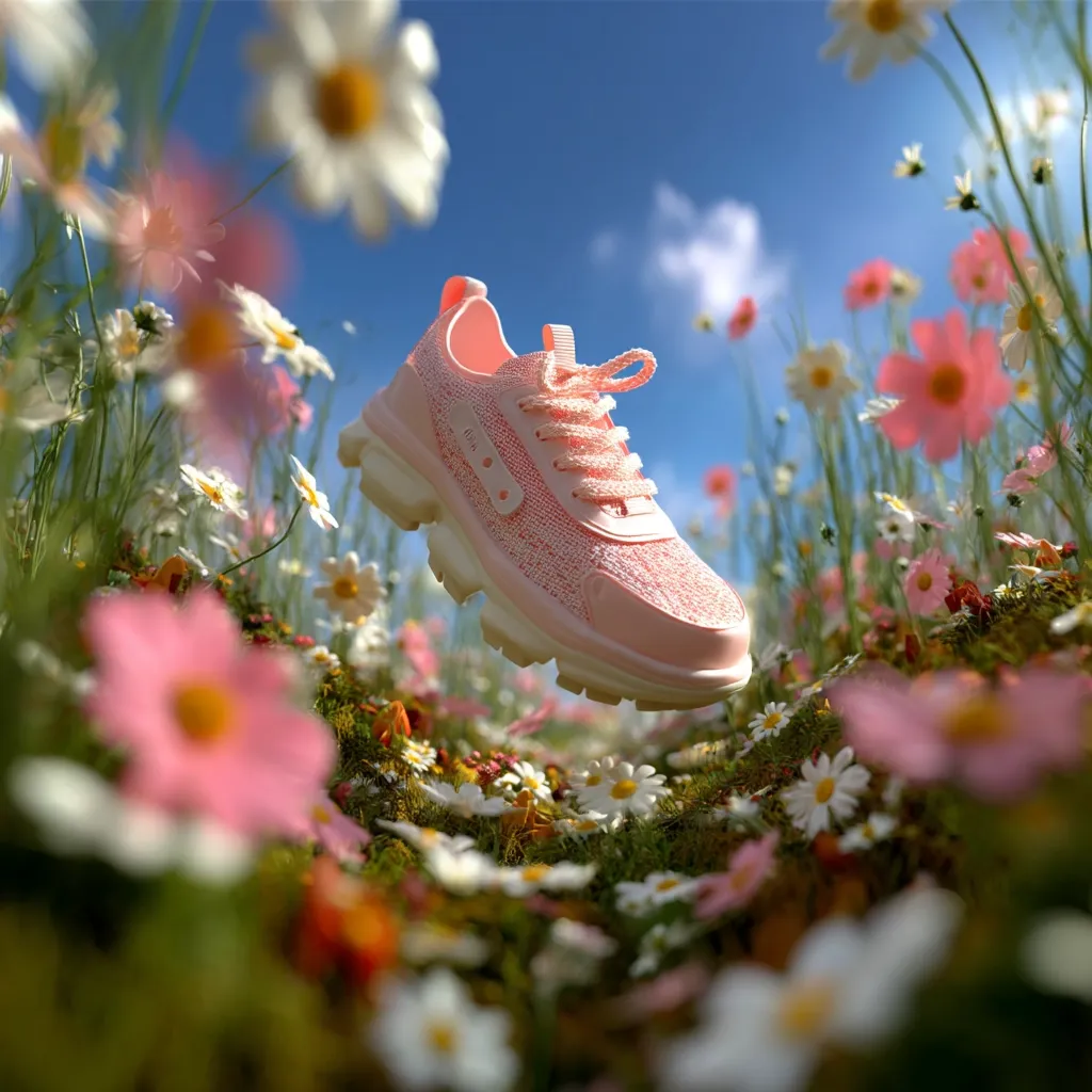 A pink children's athletic shoe floats in mid-air above a field of wildflowers.  The shoe is light pink with a textured upper and white sole.  The flowers are various shades of pink, white, and orange, creating a vibrant and colorful background against a bright blue sky.  The overall image is bright, cheerful, and whimsical.