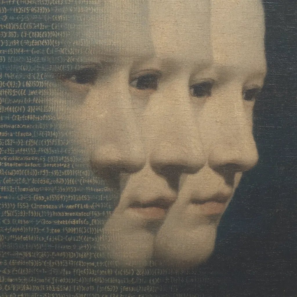 A close-up of a painting depicts three overlapping female faces in profile, their features subtly different yet similar.  The faces are rendered in muted tones, creating a ghostly, ethereal effect.  A layer of overlaid text, possibly code or script, partially obscures the faces, adding a sense of mystery and complexity to the artwork.  The background is a dark, muted blue-gray.
