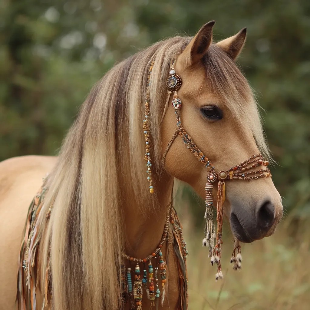 A palomino horse with a long, flowing mane and tail is adorned with an elaborate beaded bridle and necklace. The intricate handcrafted jewelry features earthy tones of brown, beige, and turquoise, adding a touch of bohemian flair.  The horse stands serenely in a blurred natural background, suggesting a tranquil woodland setting.  The image evokes a sense of elegance and freedom.
