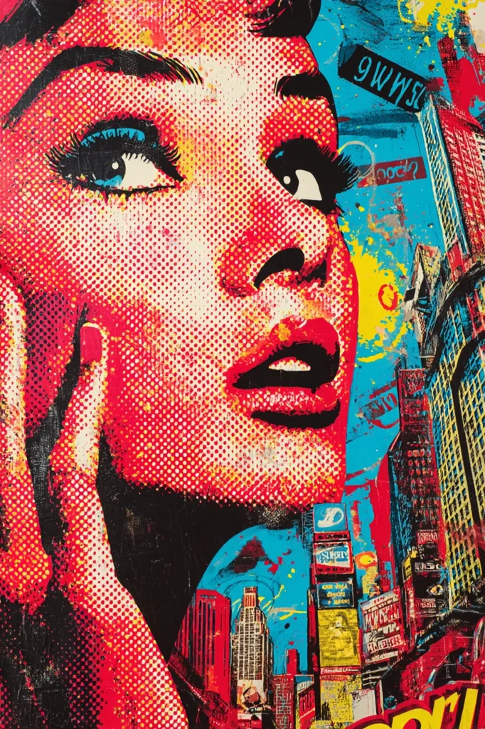 A vibrant pop art style painting features a stylized Audrey Hepburn-esque face, rendered in bold reds and yellows.  Her gaze is directed upward towards a backdrop of a bustling, brightly colored cityscape, reminiscent of Times Square.  The overall effect is energetic and dynamic, utilizing a dotted screen printing technique to create texture and depth.  The artwork blends iconic imagery with a modern, expressive approach.