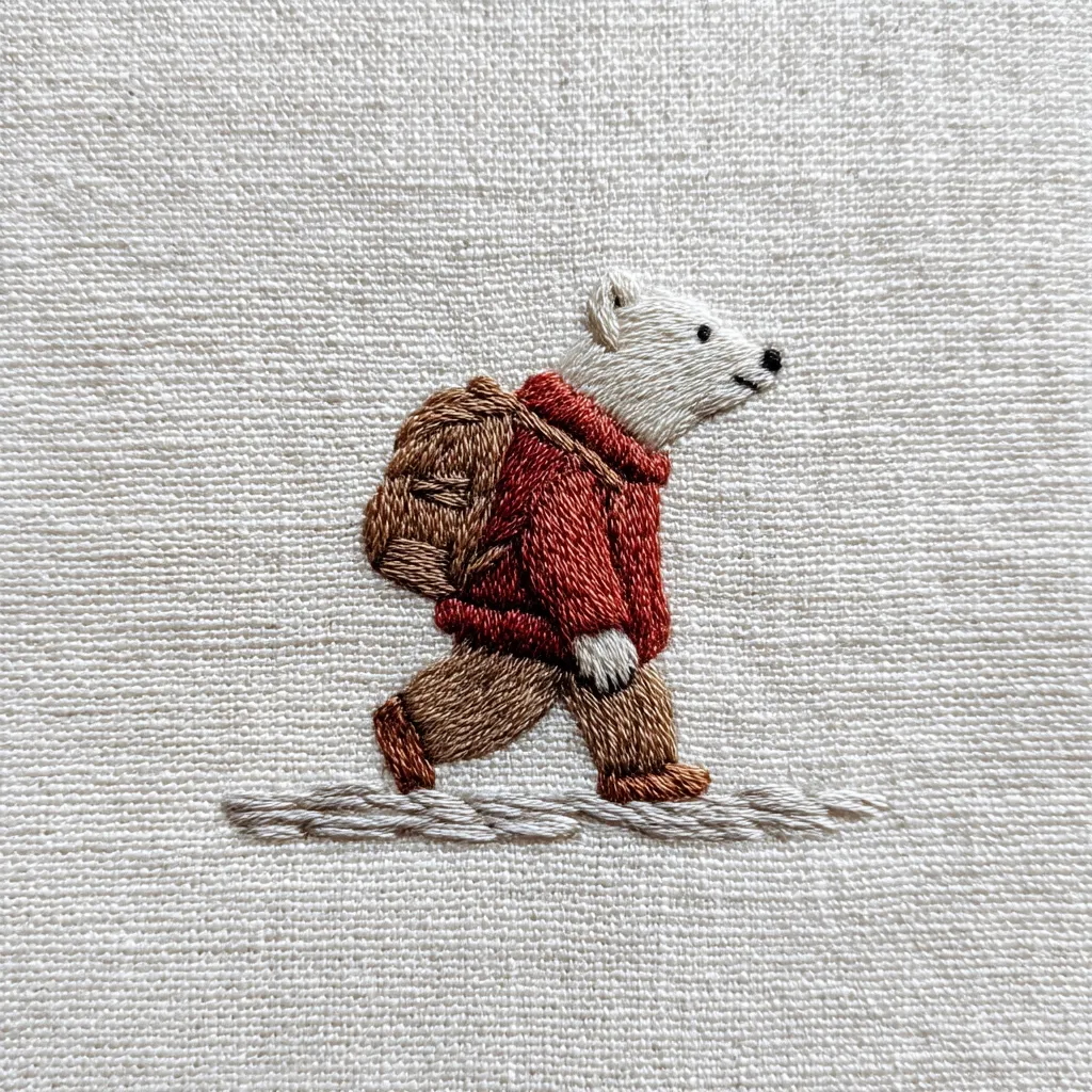 A charming embroidered design depicts a polar bear, clad in a red jacket and brown trousers, trekking across a snowy landscape.  The bear carries a small backpack, suggesting a journey. The intricate stitching showcases the bear's features and attire, creating a delightful miniature scene on the off-white fabric.