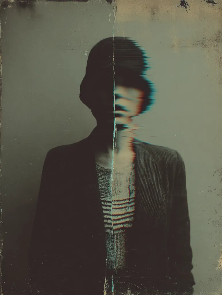 A stylized portrait of a person, seemingly a woman, is presented. The image is dark and moody, with a grunge aesthetic.  The subject's face is partially obscured and distorted, exhibiting a glitch effect, creating an ethereal and somewhat unsettling atmosphere. The figure is dressed in dark clothing, adding to the mysterious and enigmatic feel of the piece.  The overall effect is one of ambiguity and emotional depth.