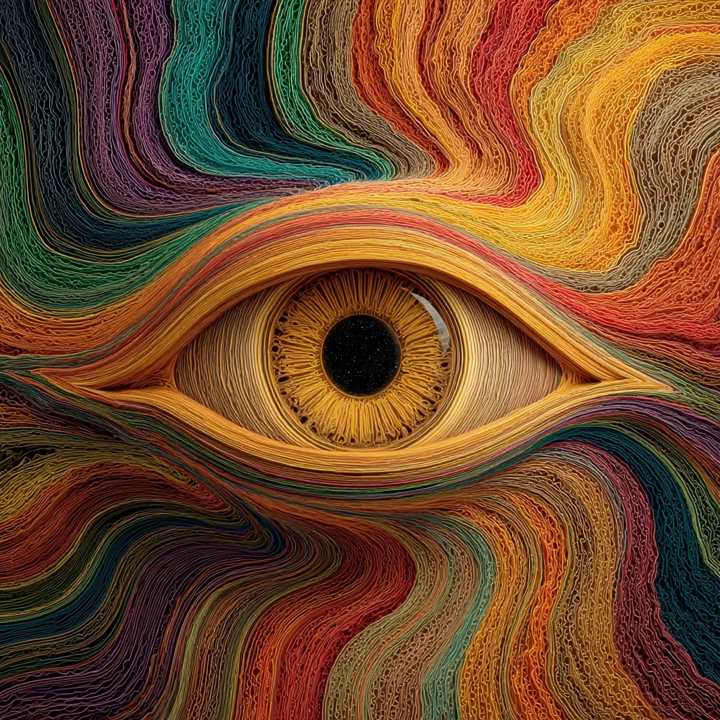 A large, intricately detailed eye is depicted, crafted from numerous thin, interwoven strands of vibrant, multicolored threads.  The eye's iris is a rich yellow, its pupil a dark void speckled with tiny lights, resembling a night sky.  The threads swirl and undulate around the eye, creating a mesmerizing, abstract background of flowing, rainbow-like patterns. The overall effect is one of depth, complexity, and visual richness.