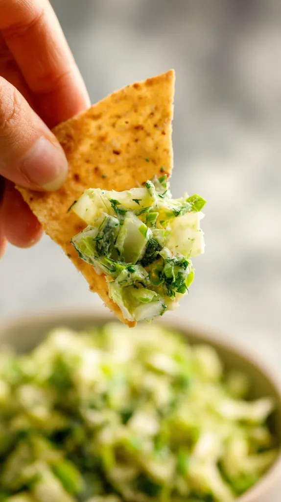 A hand holds a tortilla chip generously topped with a vibrant green herb and vegetable dip.  The dip, possibly a creamy slaw or relish, is chunky and appears fresh.  A bowl of the same dip is blurred in the background, showcasing its texture and color.  The overall image suggests a light and flavorful appetizer or snack.
