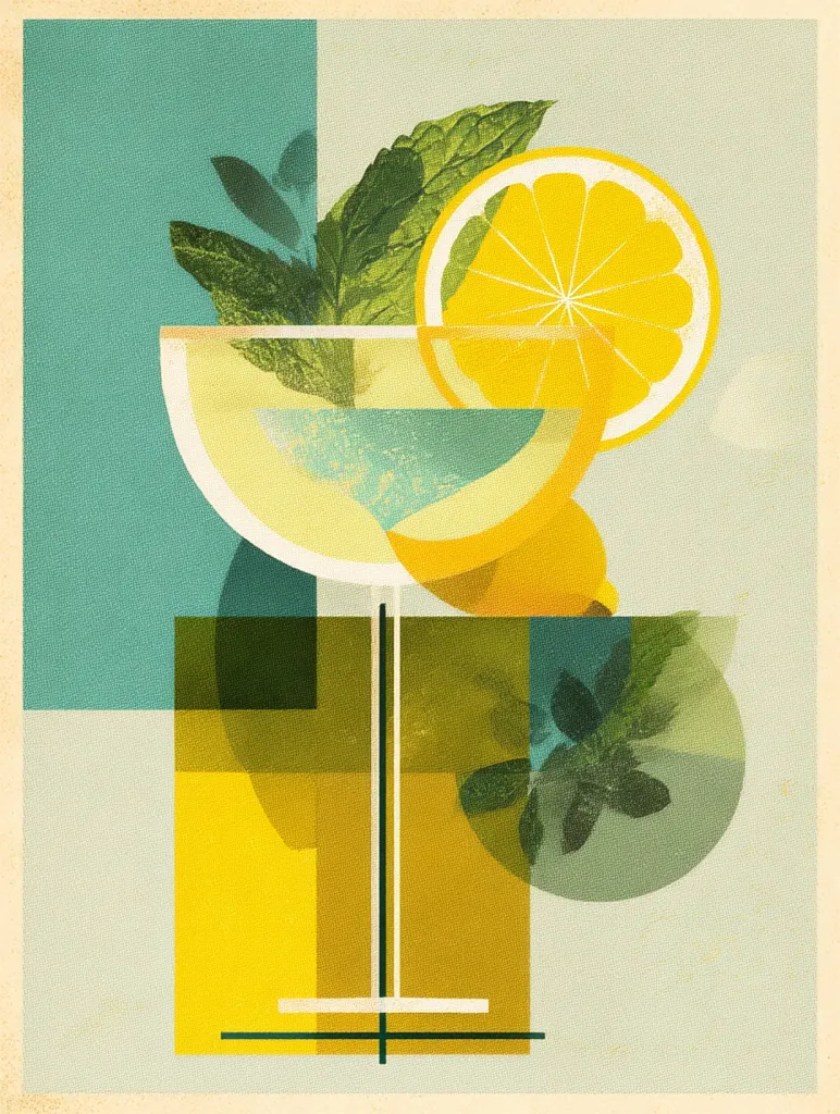 A stylized illustration of a cocktail. A stemmed glass filled with a pale yellow liquid is adorned with a lemon slice and mint sprigs.  Geometric shapes in yellow and teal form an abstract background, creating a retro, mid-century modern aesthetic. The overall style is graphic and clean, with a focus on bold colors and shapes.