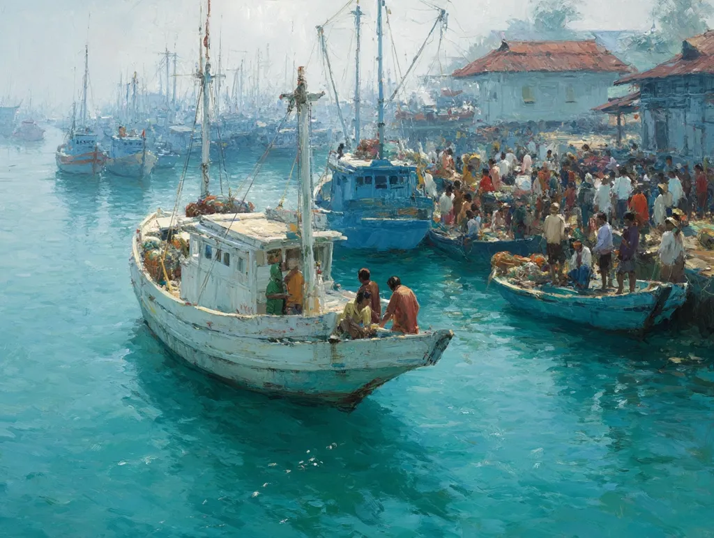 A vibrant painting depicts a bustling harbor scene. Numerous fishing boats, predominantly white and blue, are moored alongside a waterfront lined with traditional buildings. A crowd of people, dressed in various attire, engages in lively activity on the docks, creating a sense of movement and energy. The turquoise water reflects the sunlight, adding to the overall dynamic composition. The style suggests Impressionism or Post-Impressionism, emphasizing light and color over precise detail.