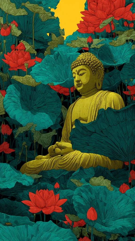 A serene depiction of Buddha seated amidst a vibrant garden of lotus flowers.  The Buddha, rendered in gold tones, sits in a meditative pose, surrounded by teal and red lotus leaves and blossoms.  The background features a warm yellow hue, contrasting with the cool tones of the foliage, creating a peaceful and contemplative atmosphere. The detailed, almost etched style adds to the artwork's tranquility.