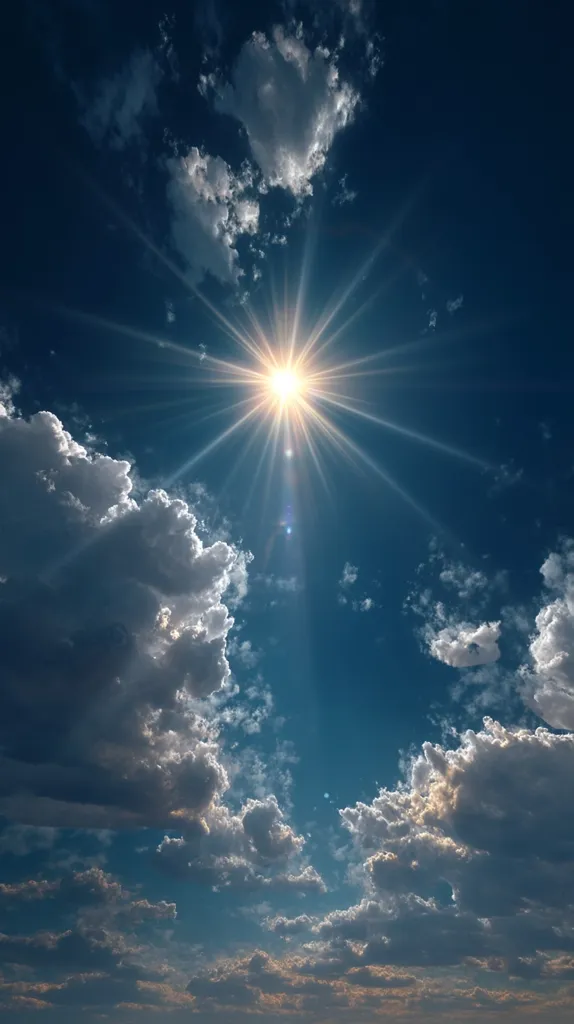 A vibrant sun shines brightly in a deep blue sky, its rays radiating outwards, piercing through fluffy cumulus clouds. The clouds, mostly white and gray, are scattered across the sky, creating a dramatic contrast with the sun's brilliance.  The overall scene evokes a sense of warmth, energy, and awe-inspiring natural beauty.