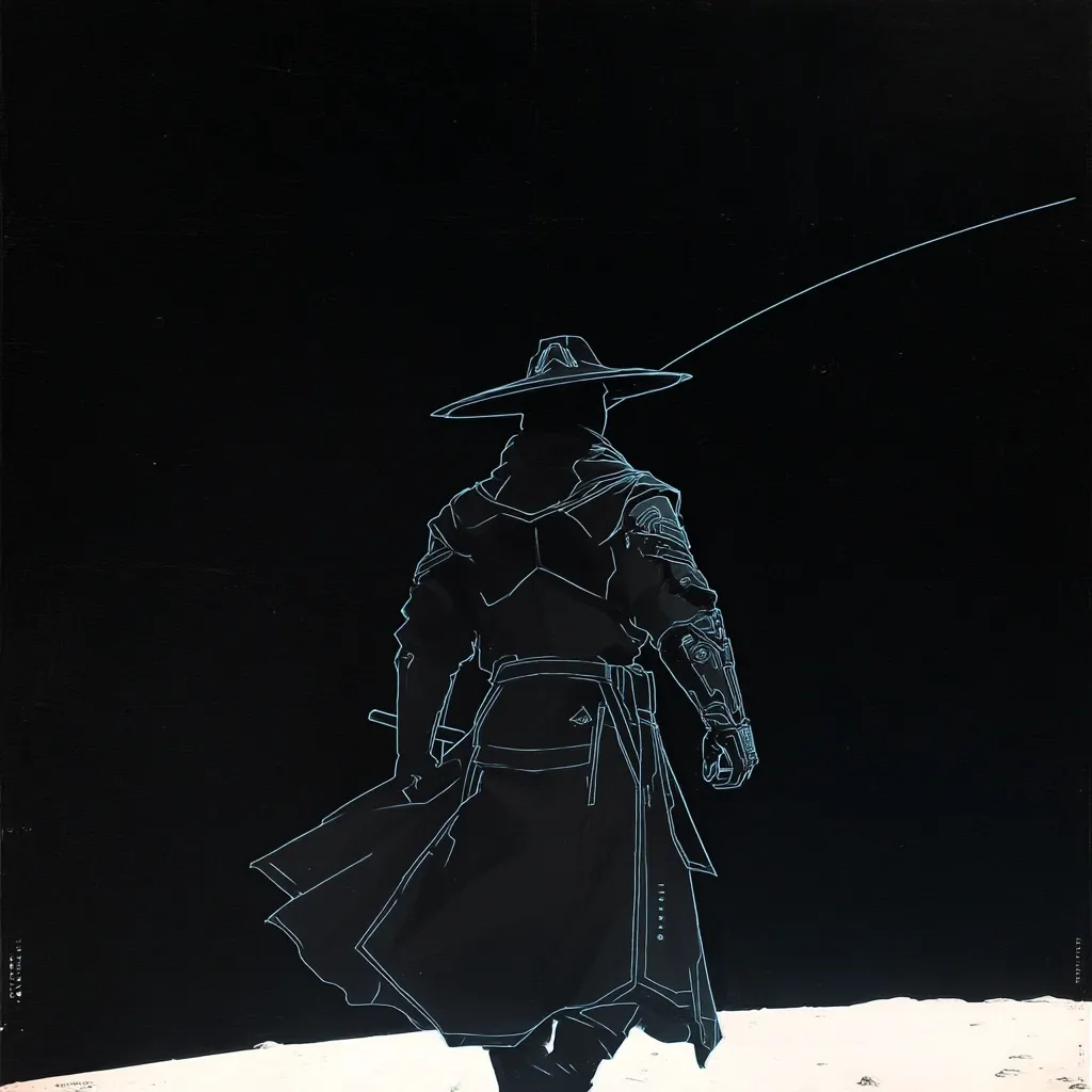 A stylized illustration depicts a lone figure, viewed from behind, clad in a long, dark coat and a wide-brimmed hat.  The figure's attire suggests a blend of futuristic and traditional elements.  Pale blue lines outline the figure against a stark black background, creating a striking contrast. The scene is minimalist, with only a hint of a pale surface below.  The overall mood is enigmatic and evocative of a lone wanderer in a desolate landscape.
