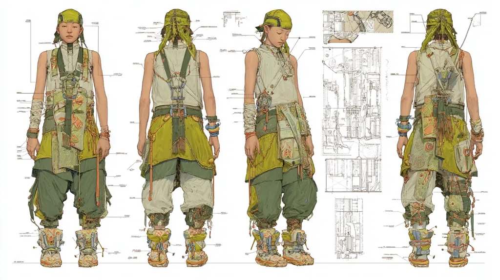 Detailed character design sheets showcase a young person in layered, patched clothing.  The outfit is a blend of earthy tones with hints of vibrant color accents, including a head wrap.  Multiple views – front, back, and side – are provided with technical annotations, possibly for animation or game development.  The style suggests a post-apocalyptic or fantasy setting.  The design incorporates various textures and worn detailing, emphasizing practicality and a lived-in look.