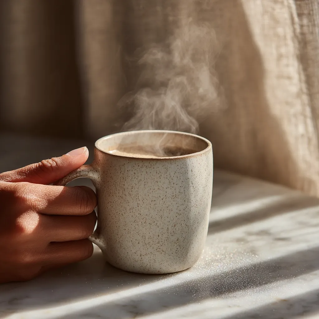 A hand gently cradles a steaming mug of coffee. The off-white speckled mug rests on a marble surface, bathed in warm sunlight streaming through a sheer curtain.  The scene is serene and evokes a feeling of calm and cozy comfort.  The coffee's aroma is almost palpable, enhancing the tranquil atmosphere.