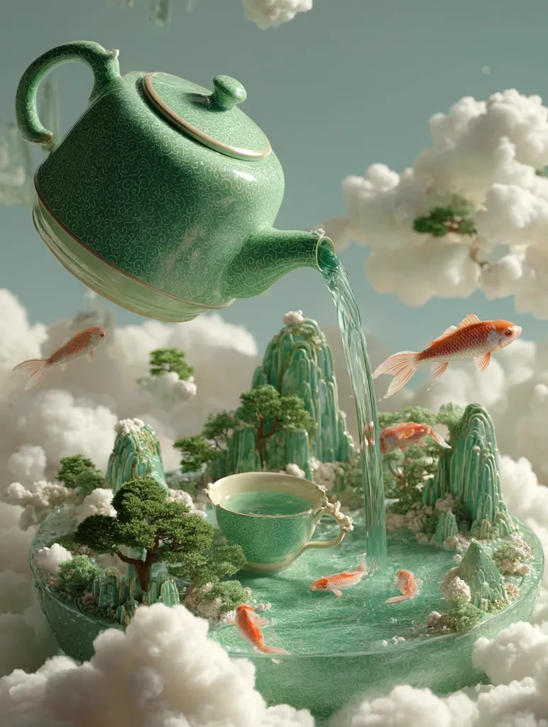 A green teapot pours a stream of liquid into a miniature, serene landscape.  The scene features tiny sculpted mountains, trees, and goldfish swimming in a clear pool. Clouds float around the base of this whimsical, dreamlike creation, creating an ethereal and peaceful atmosphere. The overall aesthetic is delicate and artistic.