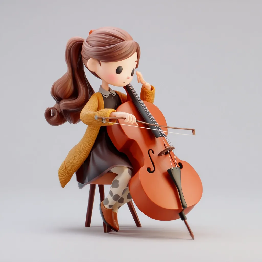 A charming 3D rendering depicts a young girl with brown hair styled in a ponytail, seated on a small stool.  She's dressed in a mustard yellow cardigan and dark brown dress, patterned tights peeking from beneath.  The girl delicately plays a cello, her fingers gently resting on the strings, creating a serene and musical scene. The overall style is cute and whimsical.