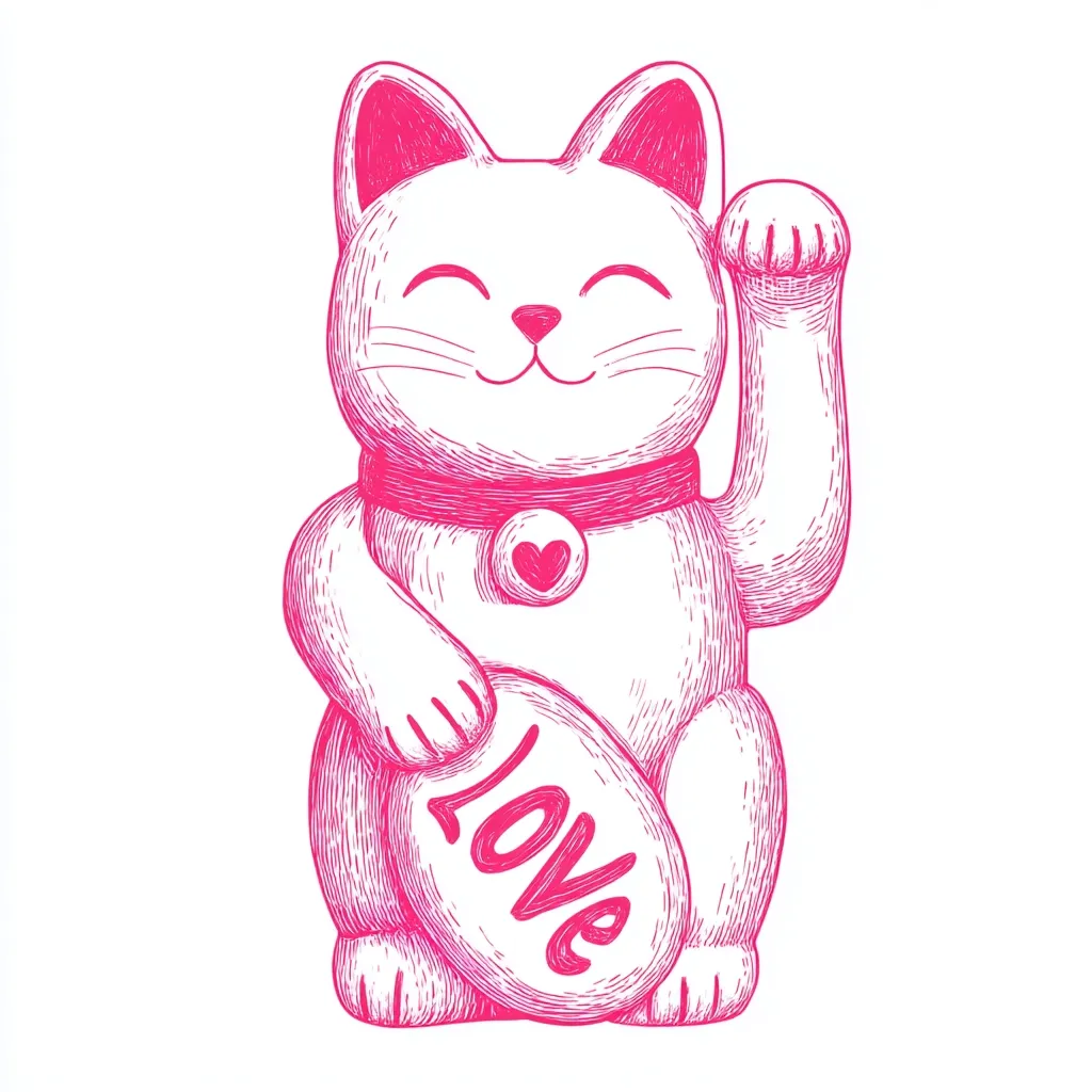 A pink hand-drawn illustration of a Maneki-neko, a Japanese beckoning cat.  The cat is depicted in a seated position, with one paw raised, holding a circular object inscribed with the word "LOVE."  It has a cheerful expression and wears a collar with a heart-shaped pendant. The style is reminiscent of a sketch or etching.
