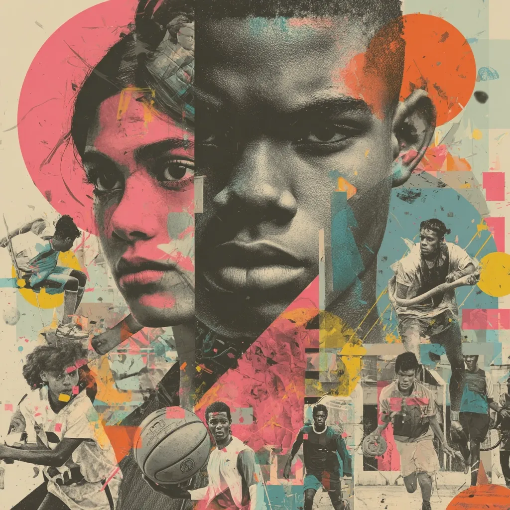 A vibrant collage features the faces of a young man and woman, dominating the central space.  Surrounding them are smaller images of diverse young people engaged in various sports: basketball, running, and what appears to be baseball or cricket.  The style is bold and graphic, using a mix of realistic portraiture and abstract geometric shapes in a predominantly warm color palette of pinks, oranges, and muted blues. The overall effect is energetic and dynamic.