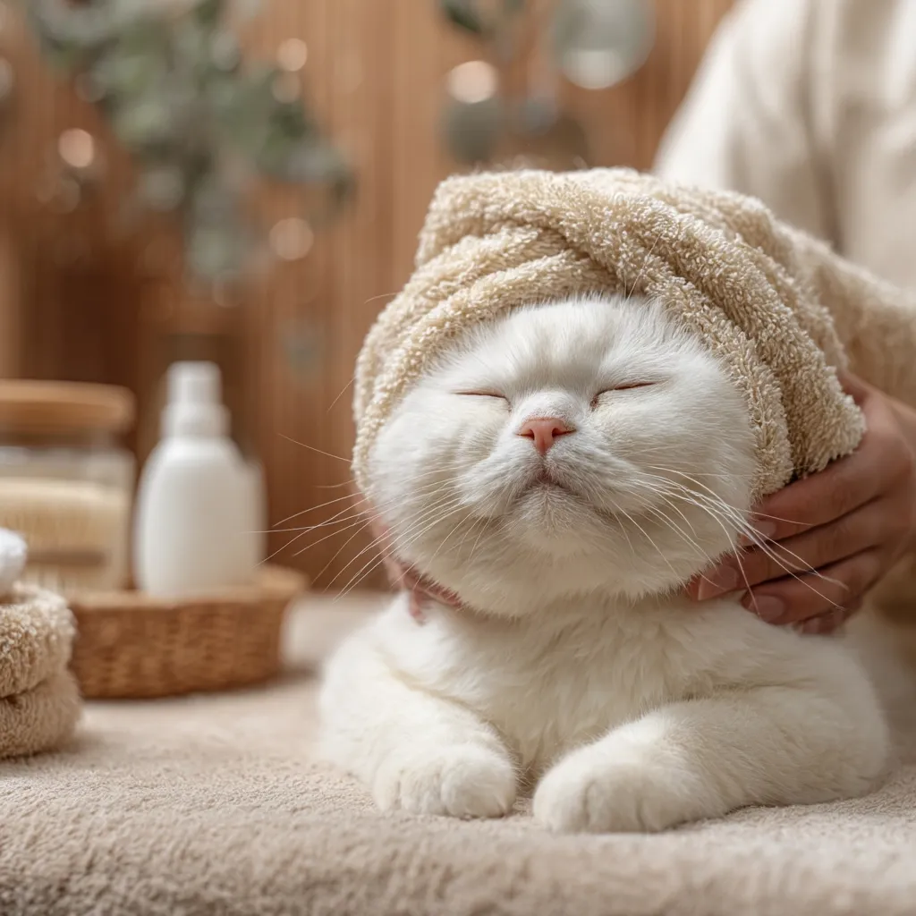 A serene white cat enjoys a spa treatment.  Its head is wrapped in a beige towel, and gentle hands massage its neck.  The background features soft lighting, natural elements, and bath products, creating a calm and relaxing atmosphere. The cat appears content and completely at ease.