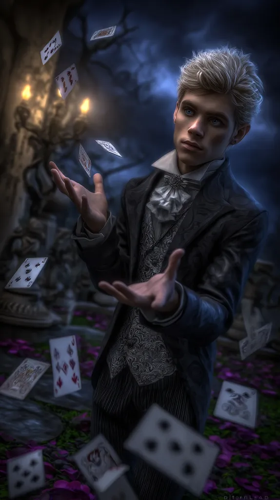 A young man with platinum blonde hair, dressed in a dark, ornate waistcoat and jacket, stands amidst a swirling flurry of playing cards.  He manipulates the cards with graceful movements, his expression both serious and enchanting. The scene is dark and moody, with a gothic atmosphere enhanced by dimly lit lanterns and a background suggestive of a mysterious garden.  The overall impression is one of arcane magic and fantasy.