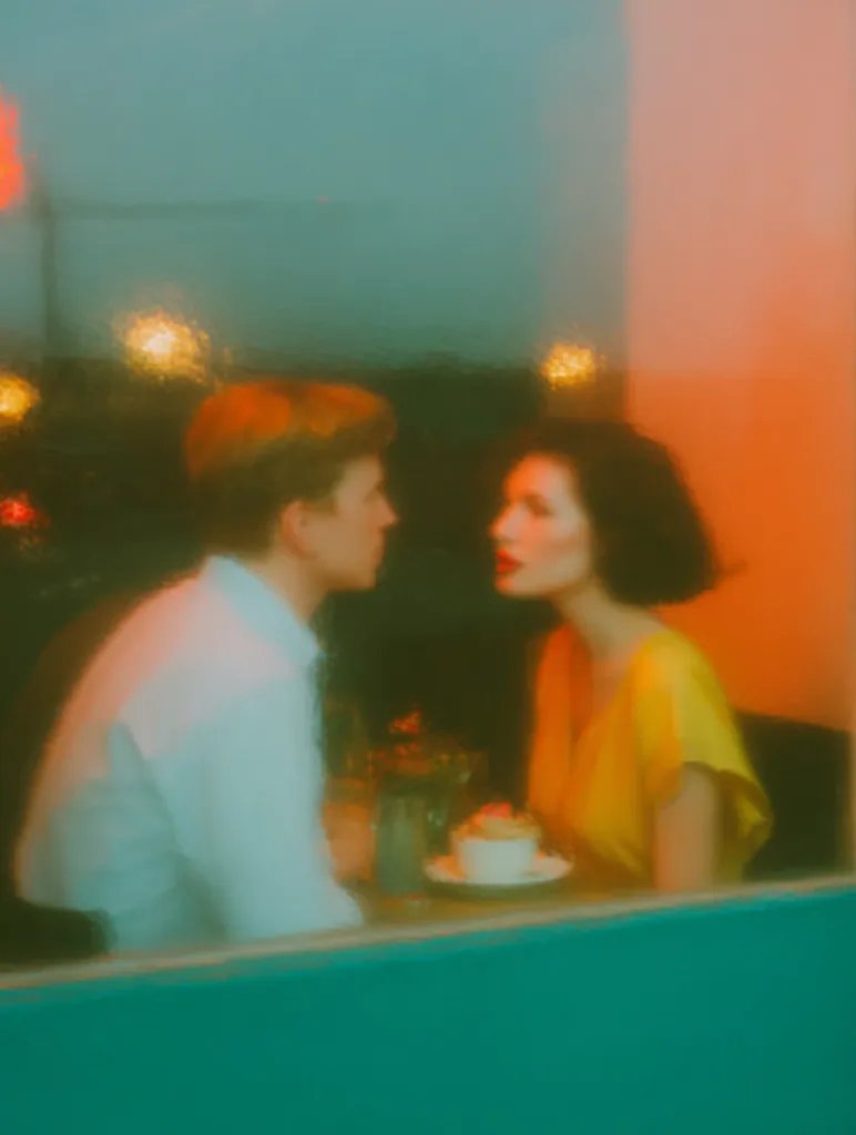 A blurry, dreamlike image shows a young couple seated at a table in a dimly lit cafe.  Warm, orange tones highlight the scene viewed through a window. The man, in a light shirt, and the woman, in a yellow dress, are in close proximity, their faces slightly out of focus, creating a romantic and intimate mood. The atmosphere suggests a quiet, possibly romantic, encounter.
