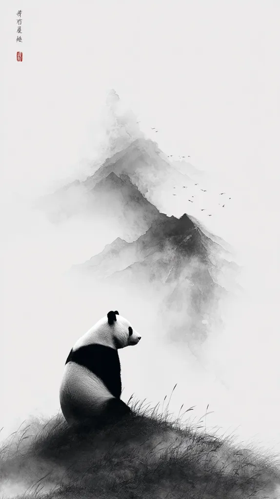 A solitary panda sits on a grassy hill, gazing at a misty mountain range in the background.  The scene is rendered in shades of gray, evoking a serene and contemplative mood.  A few birds fly across the sky, adding to the peaceful atmosphere of the minimalist artwork. The style is reminiscent of traditional East Asian ink wash painting.