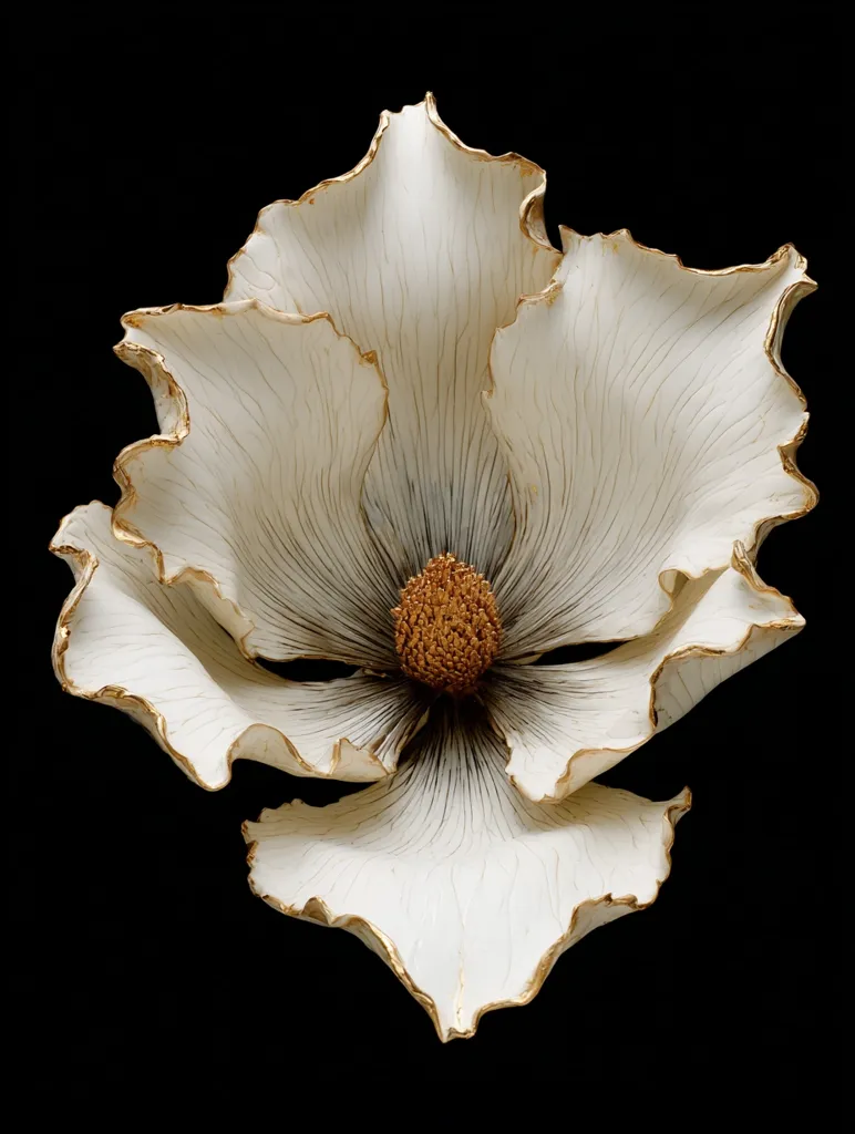 A close-up shot reveals an exquisitely crafted, off-white flower sculpture against a stark black backdrop.  Its petals are delicately sculpted with visible lines, and accented with a thin gold trim along the edges. The center features a golden-hued stamen, adding a touch of luxury.  The flower's overall form is reminiscent of a poppy or similar bloom, showcasing a blend of elegance and artistry.