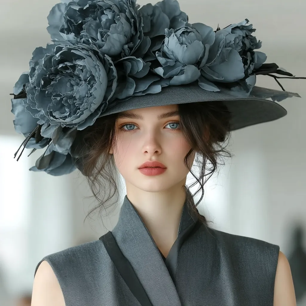 A young woman with dark hair wears a wide-brimmed hat adorned with large, dusky blue peony blossoms.  Her makeup is subtly elegant, and her expression is serene. The hat and her gray sleeveless top create a sophisticated and stylish monochromatic ensemble.  The overall image evokes a sense of classic beauty and understated elegance.
