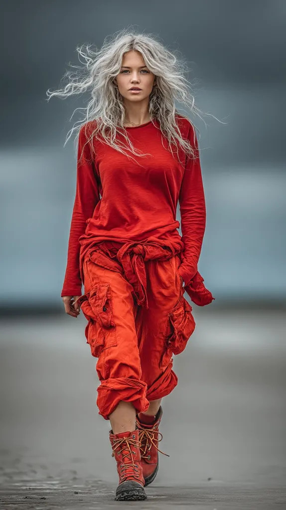 A young woman with long, wavy, light gray hair walks confidently towards the camera. She is wearing a long-sleeved, loose-fitting red top and matching cargo pants, cinched at the waist with a red tie.  Her red boots and the windblown hair add to the overall dramatic effect. The backdrop is a muted gray beach.