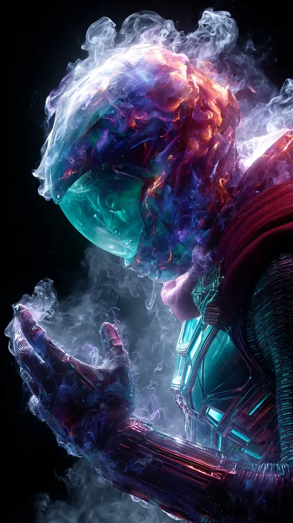 A stylized depiction of Mysterio, a Marvel Comics superhero, engulfed in swirling, vibrant smoke.  His teal and crimson suit is detailed, contrasting against the ethereal, multicolored smoke that seems to emanate from his body.  His hands are clasped, conveying a sense of power or contemplation. The overall aesthetic is dark and fantastical, emphasizing the character's mystique.