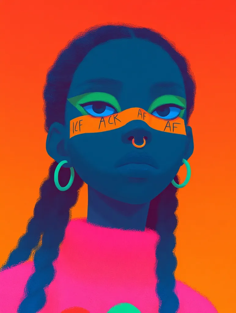 A stylized portrait of a young Black woman with vibrant makeup and braided hair.  She wears a bright pink sweater and has an orange band across her eyes with the words "ICF ACK AF" written on it. The artwork is bold and uses contrasting colors, creating a striking visual effect. Her expression is serious and direct.  The background is a warm orange.