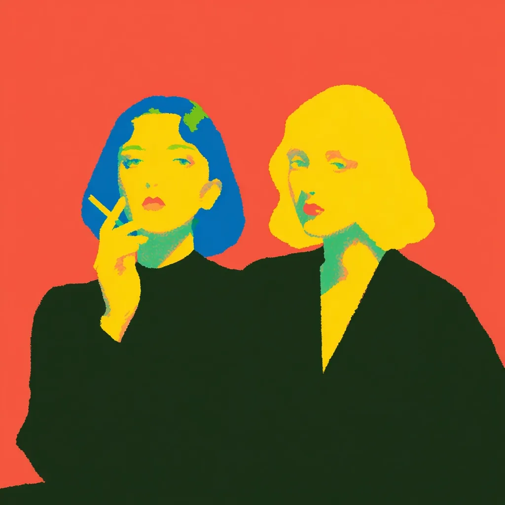 A vibrant, stylized portrait of two women against a bold red backdrop. One woman, with short blue hair, holds a cigarette, her expression serene yet striking. The other, with bright yellow hair, gazes towards the viewer, her face a mask of subtle emotion. Both are depicted in dark clothing, their features accentuated by the contrasting colors, creating a dynamic and visually arresting image.  The style is reminiscent of pop art, with bold outlines and flat color planes.