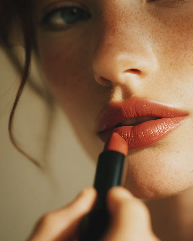 Close-up of a woman with freckles applying terracotta lipstick.  The focus is on her lips and the lipstick tube. Soft, warm lighting accentuates her skin and the rich color of the lipstick.  Her hand delicately holds the lipstick, emphasizing a moment of beauty preparation.