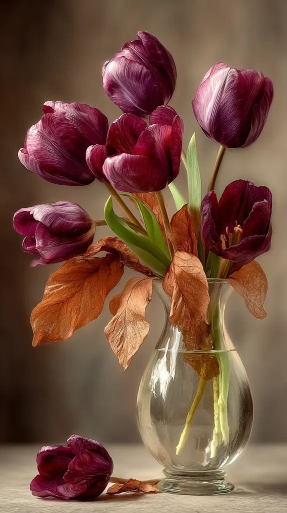 A clear glass vase holds a bouquet of deep maroon tulips.  The tulips are arranged artfully, with their stems and a few dried, brown leaves visible. A single tulip lies on the table beside the vase, adding a touch of elegance to the still life composition. The background is a muted brown, enhancing the rich color of the flowers.  The overall image evokes a sense of quiet beauty and timeless charm.