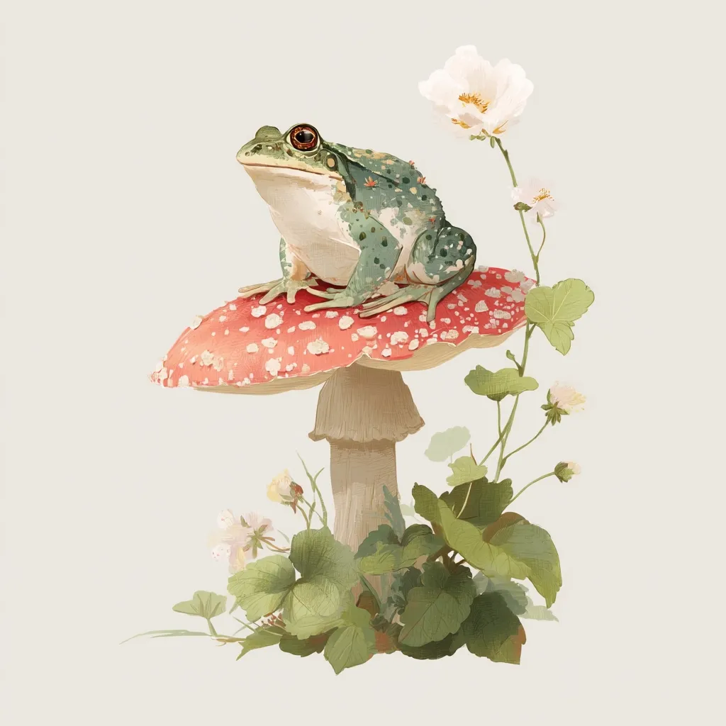 A charming illustration depicts a green frog serenely perched atop a vibrant red toadstool speckled with white.  The mushroom sits amidst a cluster of delicate green foliage and small white flowers, creating a whimsical, fairytale-like scene. The style is reminiscent of botanical art, with soft, muted tones and detailed rendering of the frog and flora.