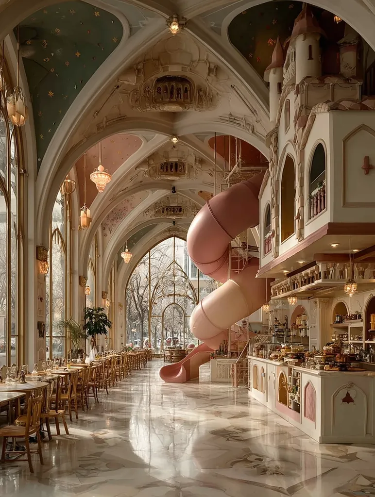 A whimsical restaurant boasts a grand, high-ceilinged interior with Gothic architecture.  A large, pastel-pink slide curves down from a fairytale-style castle structure integrated into the design.  Tables and chairs are arranged along the length of the room, while a counter displays pastries and other treats.  Large windows offer views of the outside, creating a magical, dreamlike atmosphere.