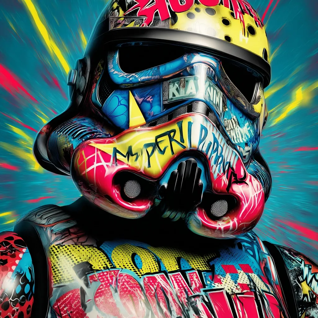 A vibrant, graffiti-style artwork depicts a Stormtrooper helmet and armor.  Bold colors—reds, blues, yellows—and comic book-inspired designs cover the surface.  The helmet features spray-painted lettering, adding to the urban art aesthetic.  The dynamic background suggests motion and energy, creating a striking visual contrast. The overall style is a fusion of pop art and Star Wars imagery.
