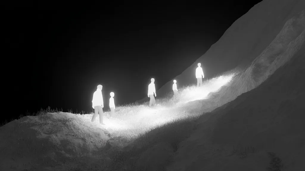 Five luminous figures ascend a gently sloping hill at night.  Their forms are bright white against the dark, textured landscape.  A faint light emanates from the ground, illuminating their path. The scene is stark, minimalist, and evokes a sense of mystery and quiet progress.