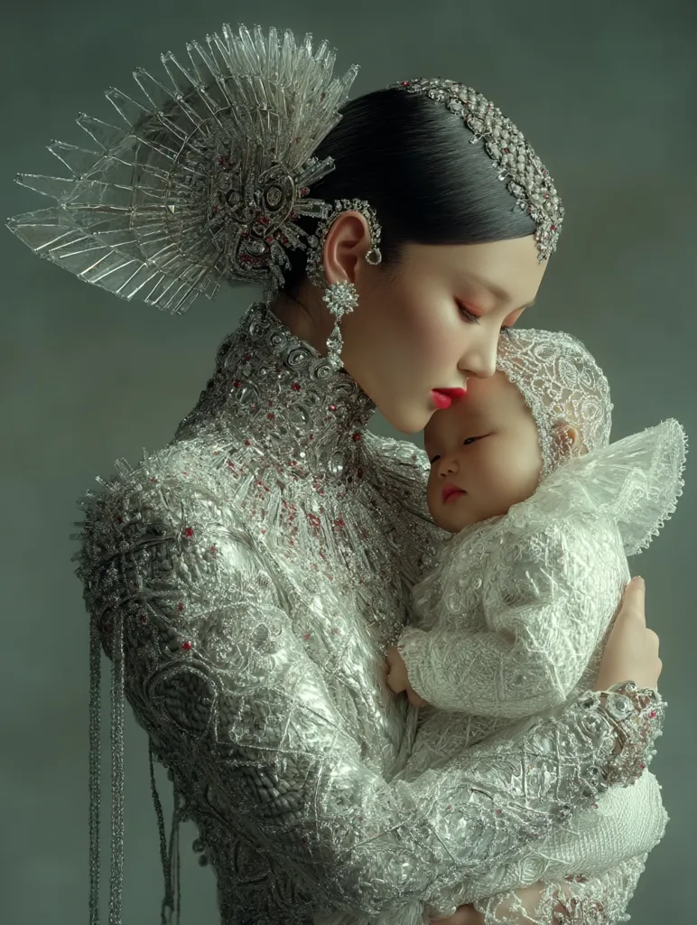 A woman in an ornate, silver-embroidered gown cradles a baby.  The woman's elaborate headdress features a large, crystalline piece. Both are dressed in exquisite, lacy white garments. The image is softly lit, creating a tender and ethereal atmosphere. The overall impression is one of elegant motherhood and delicate beauty.