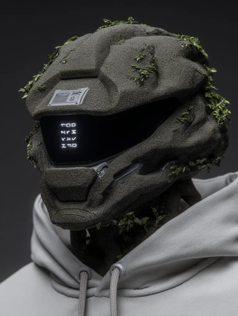 A close-up shot reveals a person wearing a grey hoodie and a unique helmet. The helmet, textured like weathered stone and adorned with small green plants, features a futuristic visor displaying an unknown script.  The overall aesthetic is a blend of nature and technology, creating a striking and mysterious image.