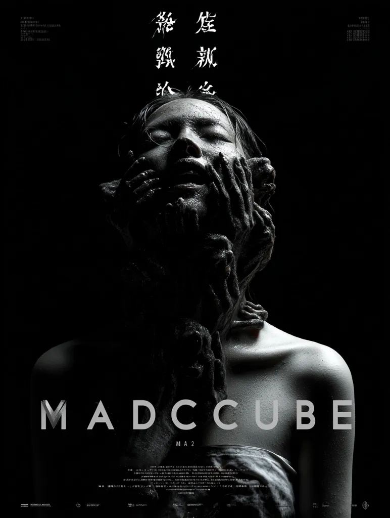 A monochromatic poster for "Madcube MA2" features a woman's face enveloped by dark, clawed hands.  The hands appear to be emerging from her, creating a disturbing and surreal image.  The title is prominently displayed in stark white lettering against a black background, emphasizing the film's horror genre.  Chinese characters are also visible, likely providing additional title information or a tagline. The overall mood is dark, suspenseful, and unsettling.
