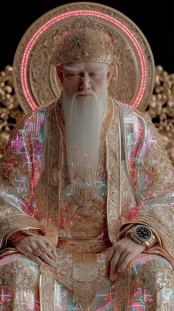 An elderly man with a long white beard sits on an ornate golden throne.  He wears a lavish gold robe intricately embroidered with designs and a matching headdress.  Subtle glowing lines, possibly digital data streams, overlay the robe and throne.  He wears glasses and a modern wristwatch, creating a striking contrast between traditional attire and futuristic elements.  His expression is serene and contemplative.