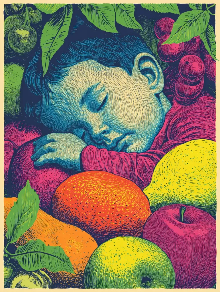 A vibrant linocut depicts a child peacefully sleeping amidst a bountiful arrangement of colorful fruits.  The child's face is serene, nestled among apples, mangoes, lemons, and other fruits, rendered in bold, contrasting colors. Lush green foliage frames the scene, creating a sense of abundance and tranquility. The artwork's style is reminiscent of vintage printmaking, with detailed hatching and cross-hatching.