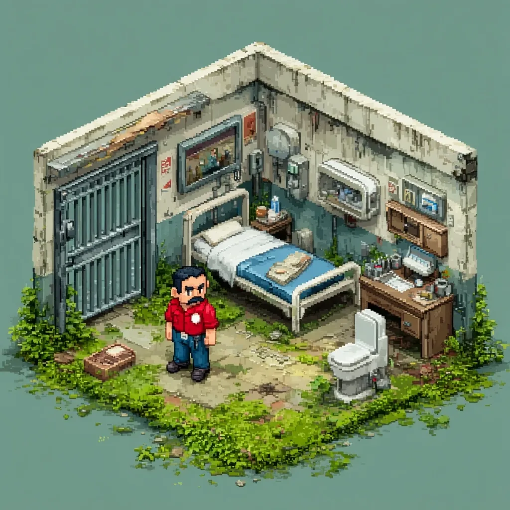 A pixel art isometric view of a dilapidated hospital room.  A man with a mustache stands in the room, which contains a bed, a small desk, a toilet, and overgrown vegetation.  A barred door is visible, suggesting confinement. The room shows signs of disrepair and neglect. The overall style is reminiscent of a retro video game.