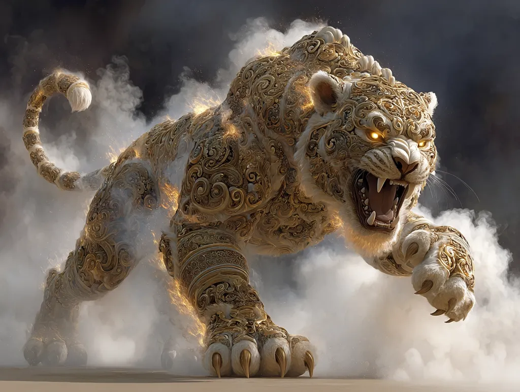 A majestic, golden tiger, seemingly crafted from intricate metalwork, bursts forth from a swirling cloud of smoke and fire.  Its ornate design is detailed and complex, with glowing eyes and bared fangs.  The tiger's powerful stance and fierce expression convey both strength and a sense of otherworldly power. The overall image is a striking blend of fantasy and artistry.