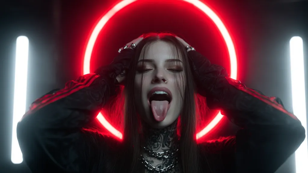 A young woman with long dark hair and tattoos poses dramatically against a backdrop of bright red neon circle and white vertical lights.  She's wearing a dark jacket with stripes on the sleeves, and has her hands behind her head. Her tongue is sticking out, and her eyes are closed. The overall aesthetic is edgy and dark.