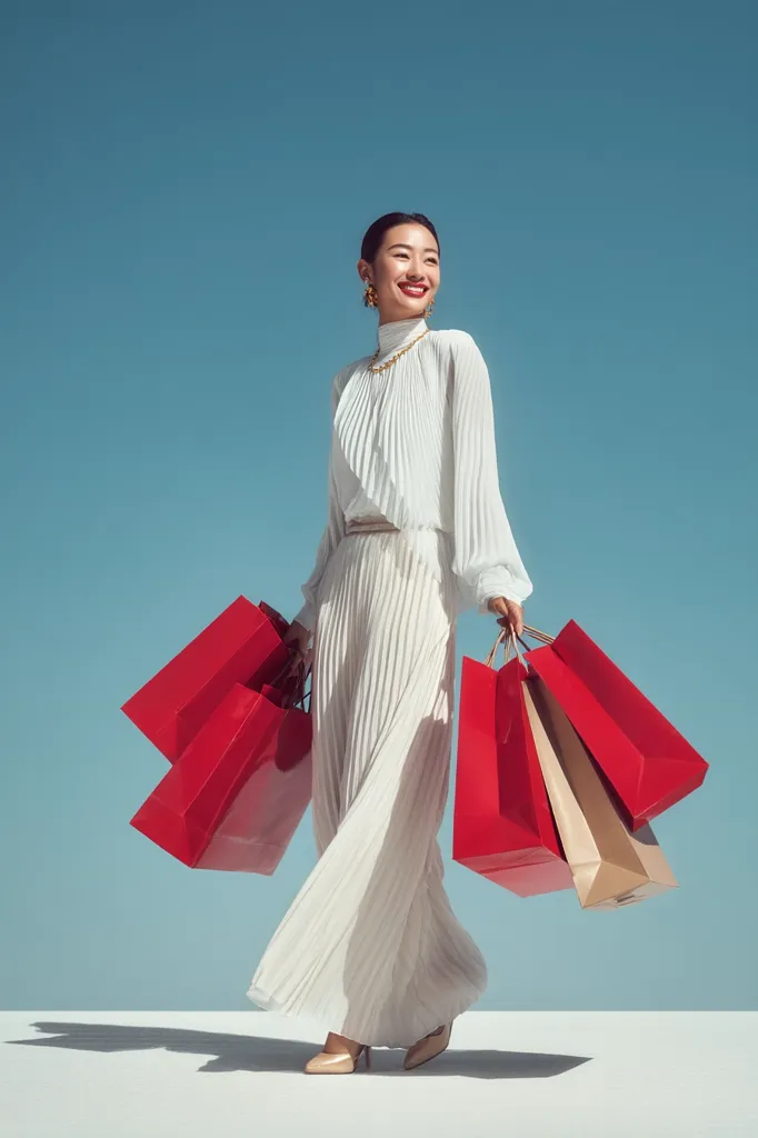 A smiling woman in a white pleated jumpsuit and gold jewelry carries multiple red shopping bags against a clear blue sky.  She is stylishly dressed and appears happy with her purchases. The image evokes a feeling of luxury and successful shopping.  The sunlit scene is minimalistic and sophisticated.
