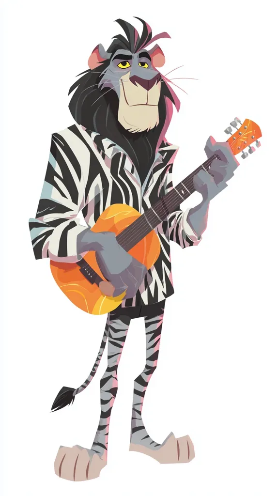 A stylized illustration of a lion-like character with a zebra-striped jacket playing an acoustic guitar.  The character has dark fur, yellow eyes, and a confident expression. The guitar is orange and the overall style is cartoonish and vibrant. The lion's legs also have a zebra print pattern.