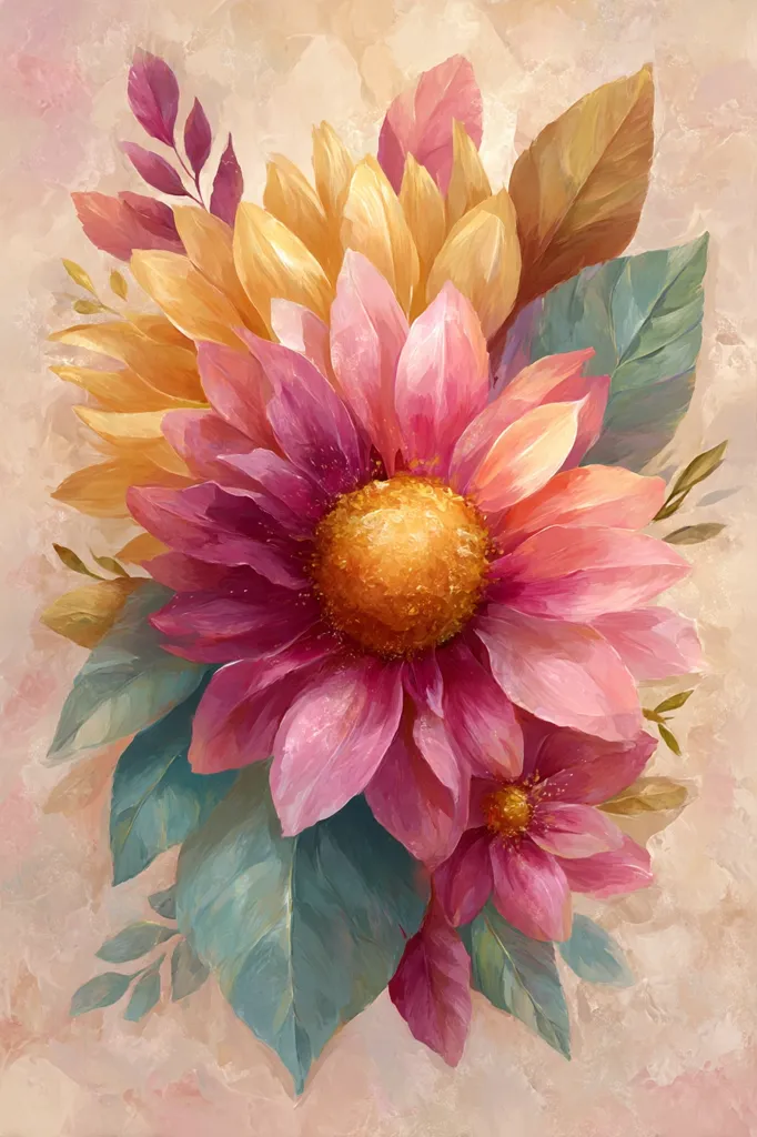 A vibrant painting showcases a cluster of pink and gold sunflowers, their petals rendered with soft, painterly strokes.  The sunflowers are nestled amongst muted teal and brown leaves, creating a rich autumnal palette.  The background is a subtle, textured beige, enhancing the flowers' luminosity.  The overall style evokes a feeling of romanticism and delicate beauty.