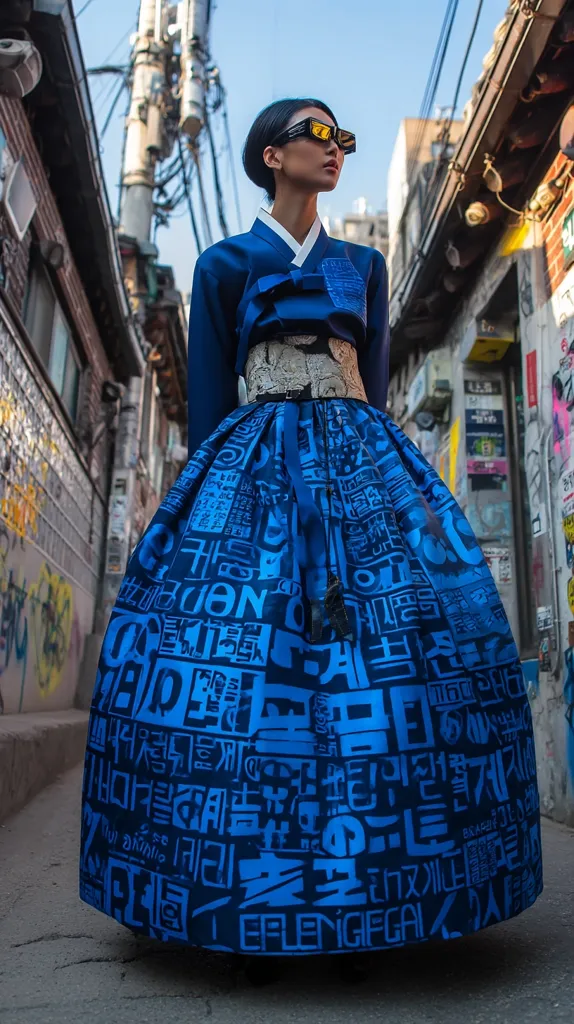 A stylish woman in sunglasses stands in a narrow alleyway, wearing a modern interpretation of a Hanbok. The Hanbok's vibrant blue skirt features a bold print of overlapping text, contrasting with the more traditional blue top.  The scene is set against a backdrop of graffiti-covered buildings, creating a blend of traditional Korean fashion and urban street style.