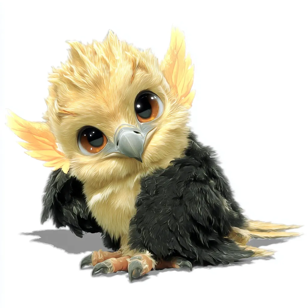 A digital painting of an adorable, fluffy baby griffin.  Its body is primarily pale yellow, with large, expressive brown eyes.  Dark gray feathers adorn its wings and back.  Small, sharp talons are visible on its feet. The griffin is depicted sitting, looking slightly upward, conveying a sense of curiosity and charm.  The background is plain white, emphasizing the creature.