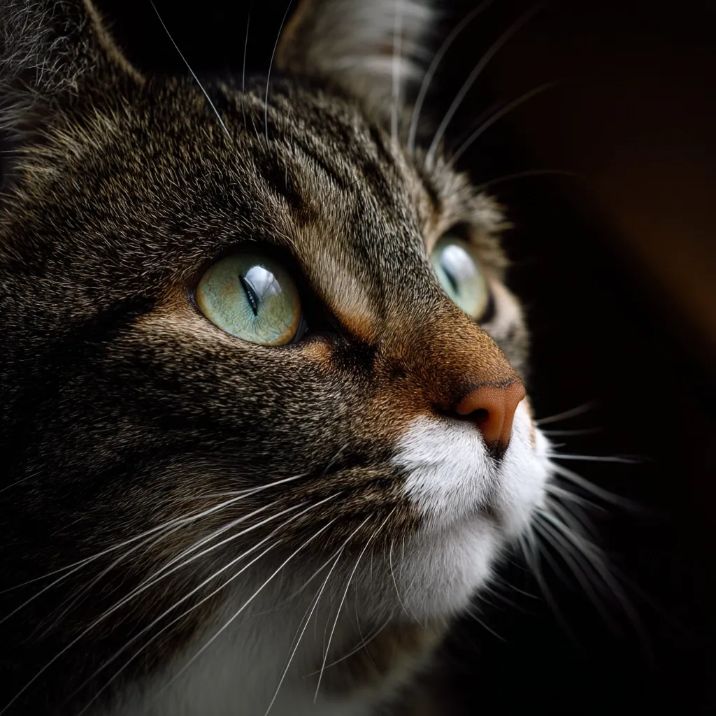Close-up of a tabby cat's face, its head tilted slightly upward.  The cat's bright green eyes are striking against its dark fur.  Its whiskers are prominent, and the white fur on its chin and nose contrasts with the darker brown and grey markings.  The background is dark, focusing attention on the cat's features.