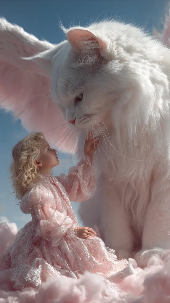 A young girl in a pink dress sits on a cloud, gently touching a large, fluffy white cat with feathery wings. The cat is enormous, its fur soft and light.  The scene is ethereal and dreamy, set against a pale blue sky. The girl and cat share a tender moment, creating a magical and whimsical image.